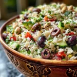 Juicy Greek Rice Salad packed with vegetables and nuts, presented in a bowl.