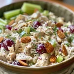 Juicy shredded chicken mixed with Greek yogurt, dill, and veggies displayed in a serving bowl.
