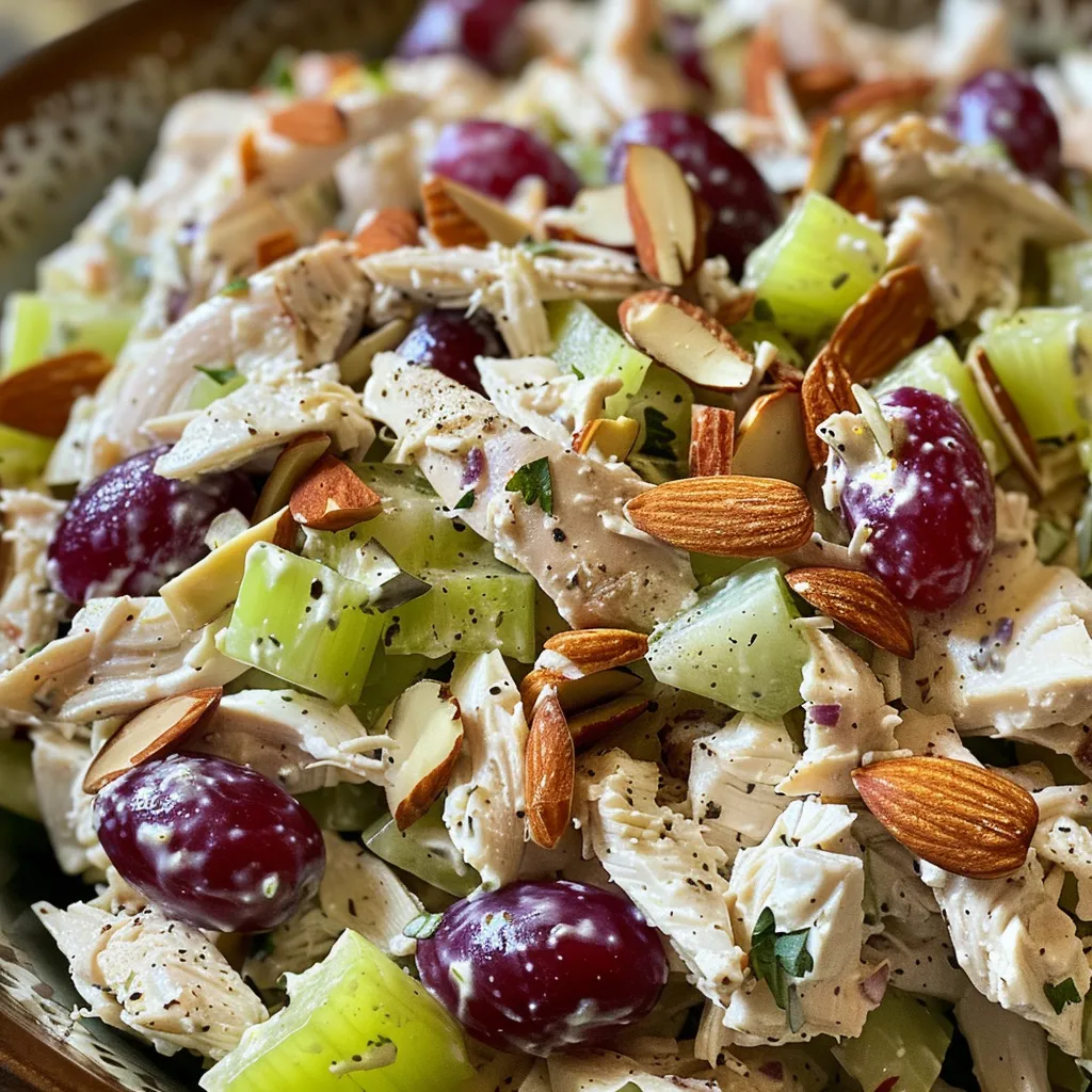 Colorful bowl of Greek yogurt chicken salad with almonds, celery, and grapes.