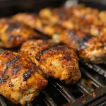 Side angle of tender boneless chicken thighs, charred and coated in BBQ sauce.