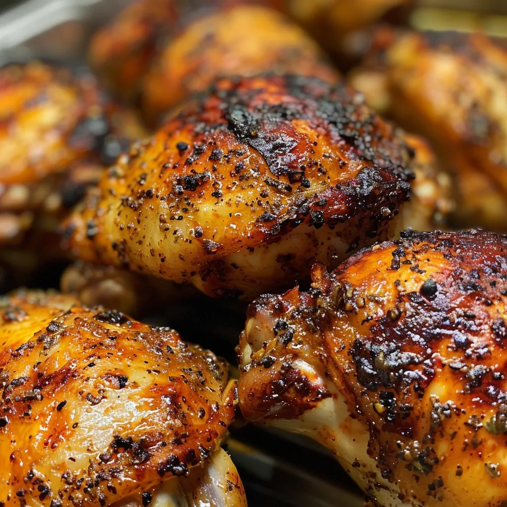 Detailed shot of succulent grilled chicken thighs, highlighting the juicy meat and seasoning.