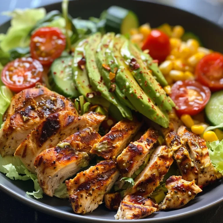 Juicy grilled chicken on a bed of lettuce, tomatoes, and cucumber, garnished with red pepper flakes.