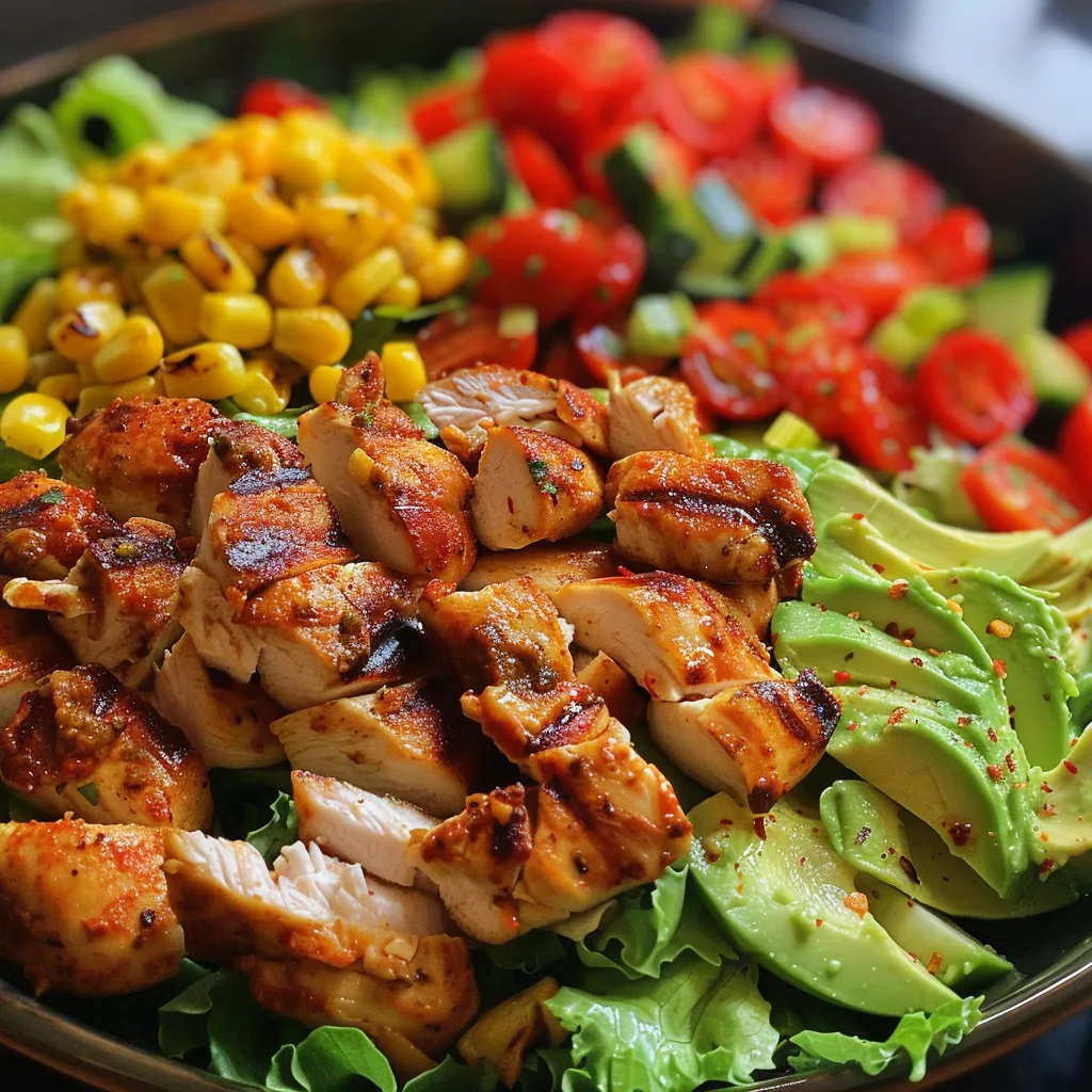 Colorful meal prep bowl featuring grilled chicken, avocado, and a mix of fresh ingredients.