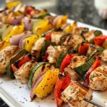 A side view of skewers filled with marinated chicken and assorted grilled vegetables.