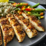 A side view of tender grilled chicken strips accompanied by fresh green beans and mixed vegetables.