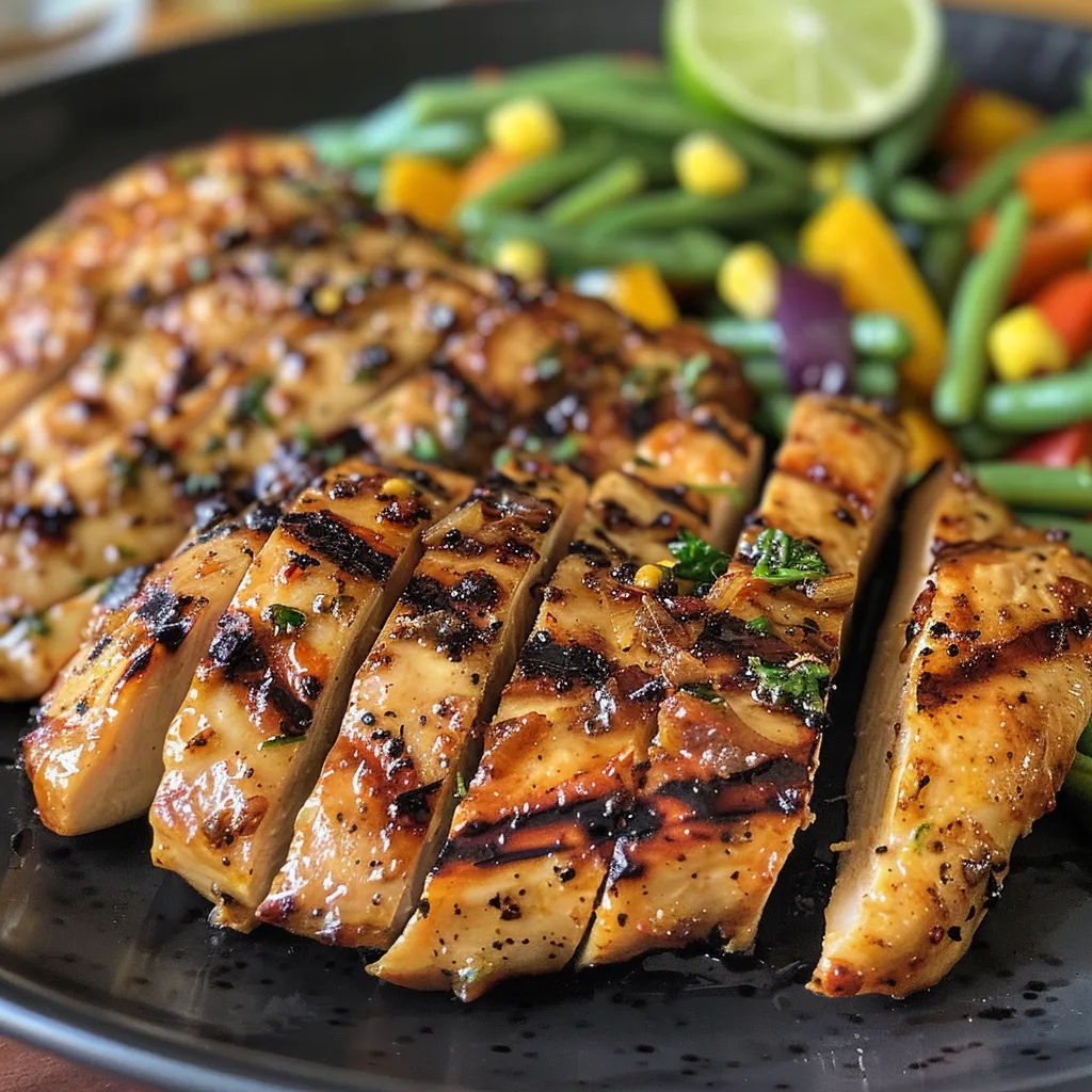Delightful arrangement of grilled chicken strips and vibrant mixed vegetables with a squeeze of lime.