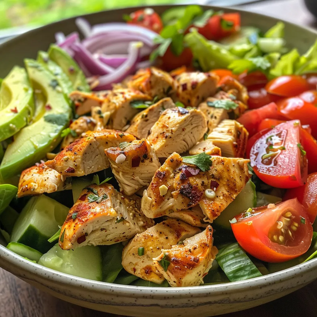 Detailed image of a nutritious chicken salad made with avocado, Greek yogurt, and colorful veggies.