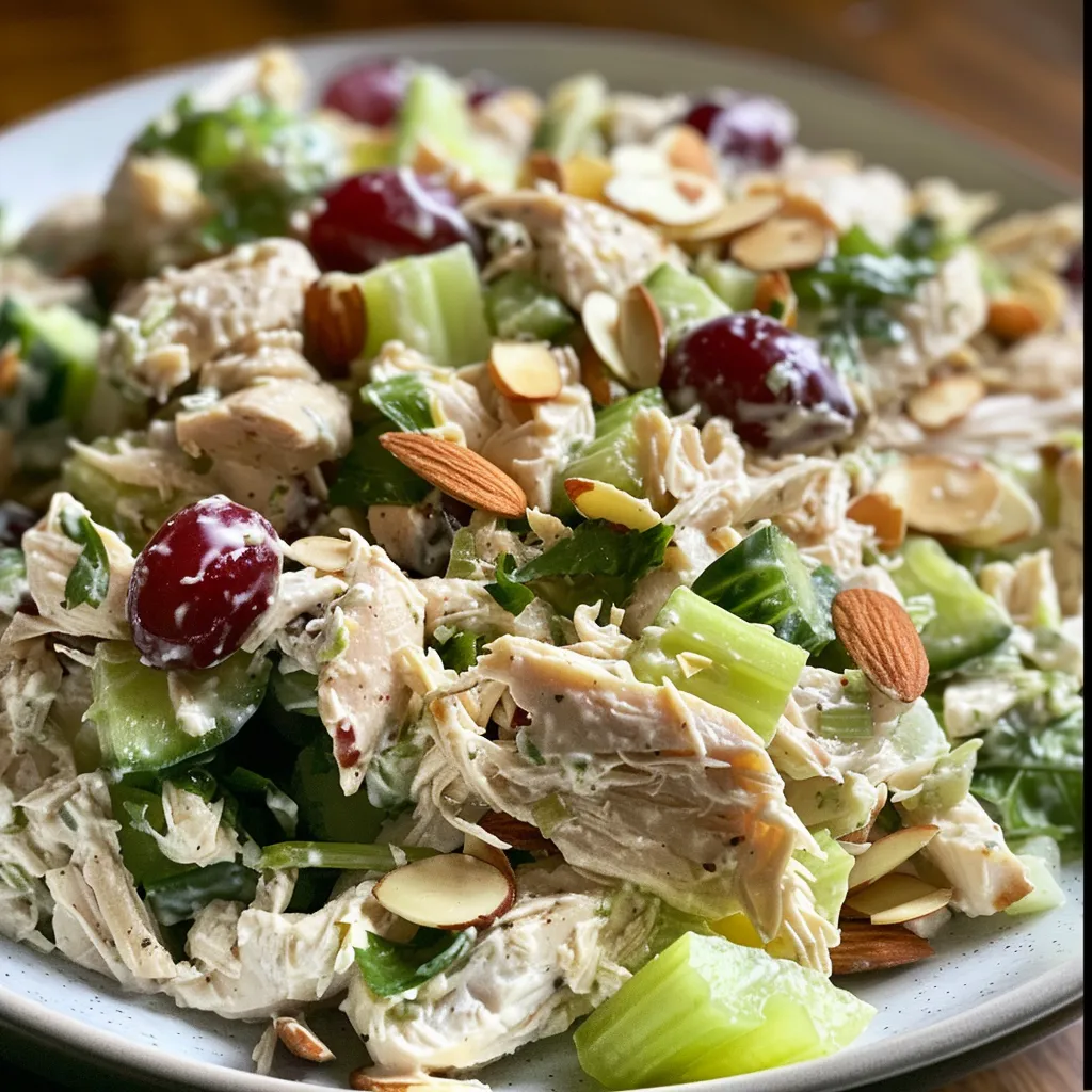 A close-up image of a nutritious chicken salad with a mix of greens, grapes, and sliced almonds.