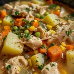 Hearty bowl of chicken soup filled with colorful garden vegetables.