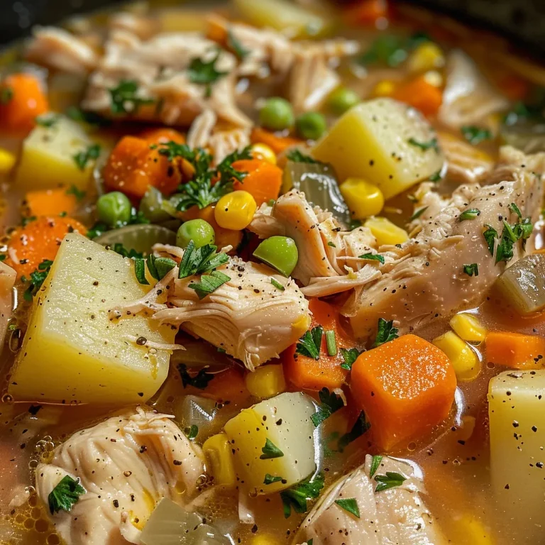 Hearty bowl of chicken soup filled with colorful garden vegetables.