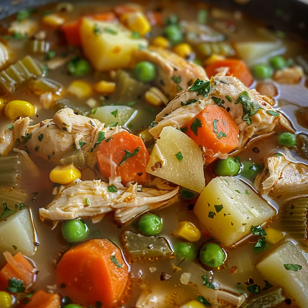 Side view of a steaming bowl of homemade chicken and vegetable soup.
