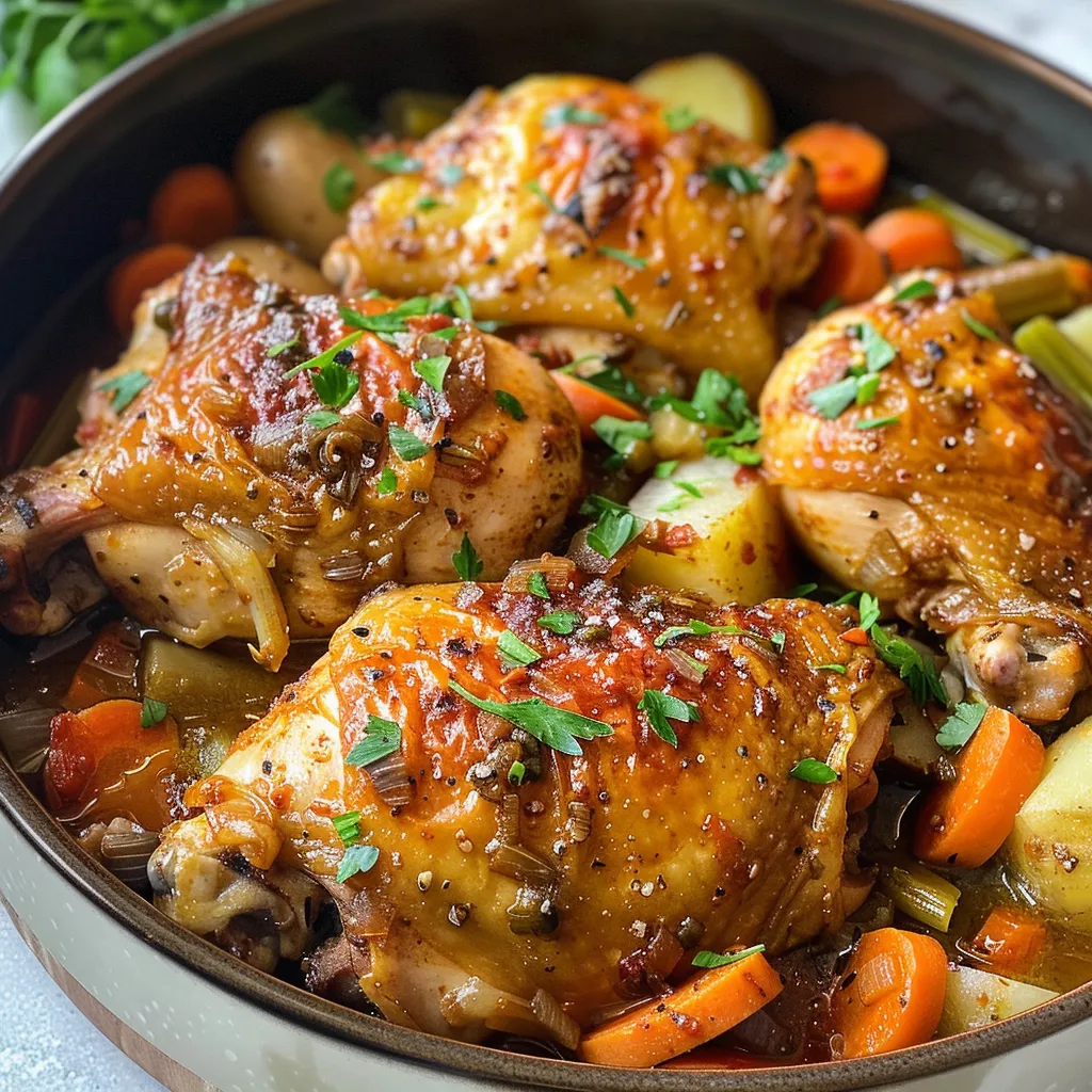 Side view of stewed chicken garnished with fresh parsley in a deep bowl.