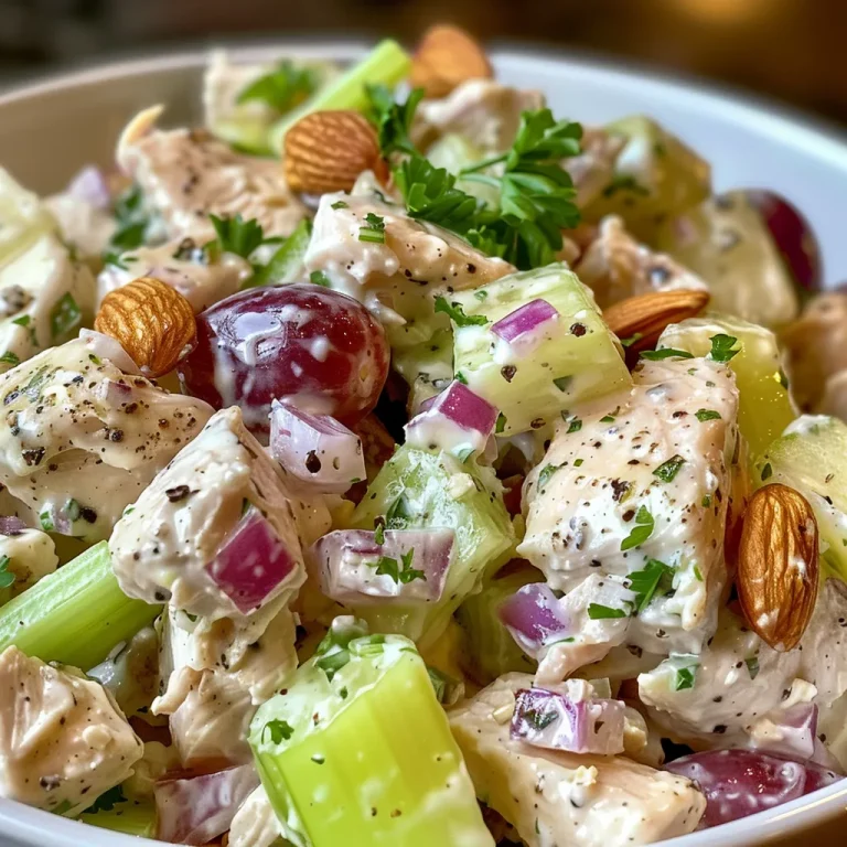 High-protein Greek yogurt chicken salad adorned with parsley and grapes.