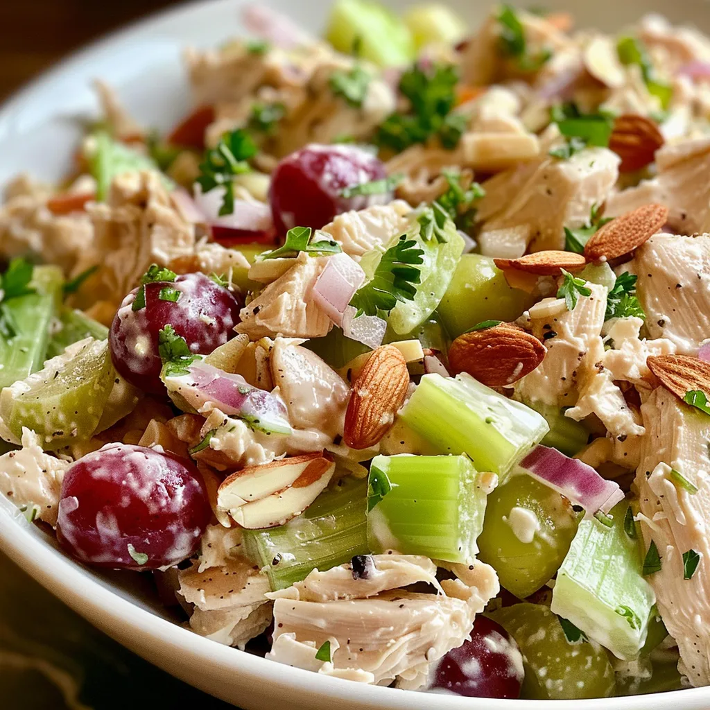 Colorful salad with shredded chicken, Greek yogurt, and crunchy almonds.