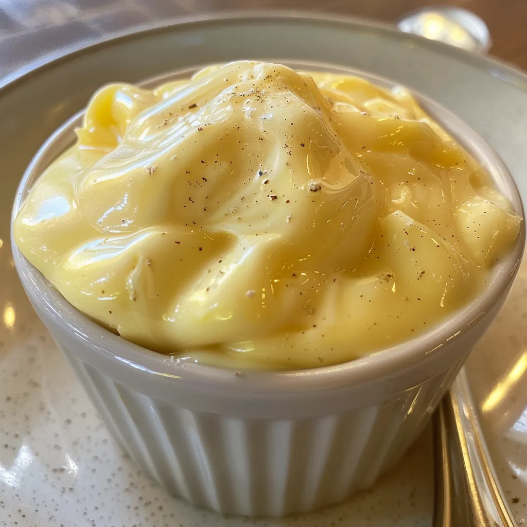Homemade vanilla pudding with a glossy texture, served on a wooden table.
