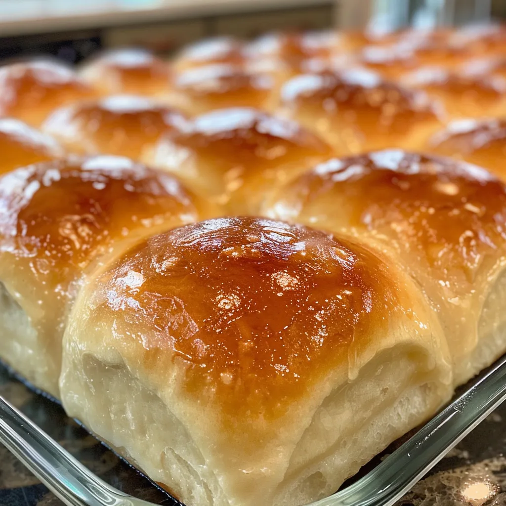 Soft and pillowy sweet dinner rolls, glistening with a buttery sheen.