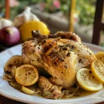 Succulent lemon and garlic roast chicken with a crispy golden skin.