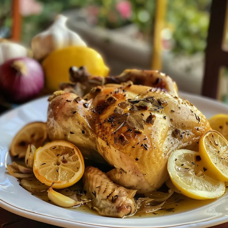 Succulent lemon and garlic roast chicken with a crispy golden skin.