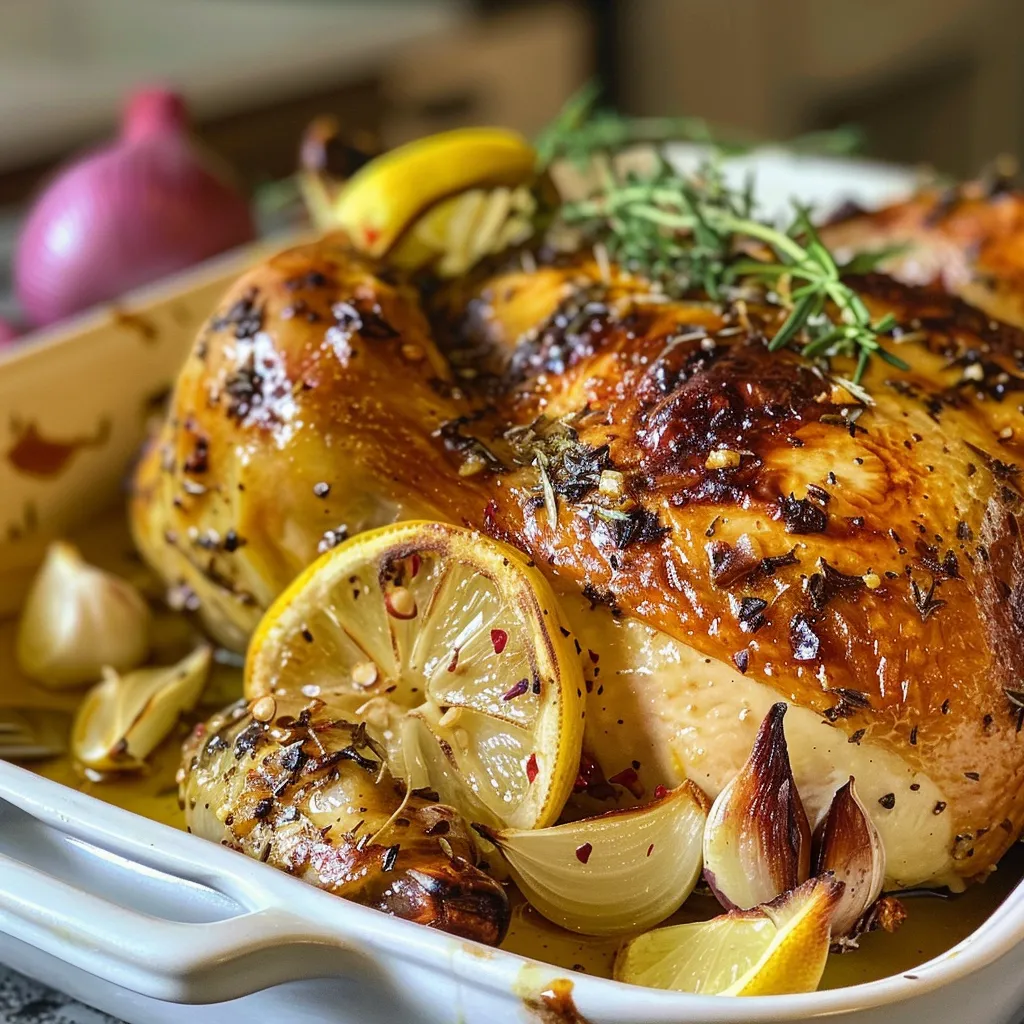 Flavorful roast chicken surrounded by red onion and roasted garlic.