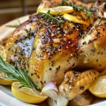 A succulent whole chicken with crispy skin, topped with fresh herbs and lemon slices.