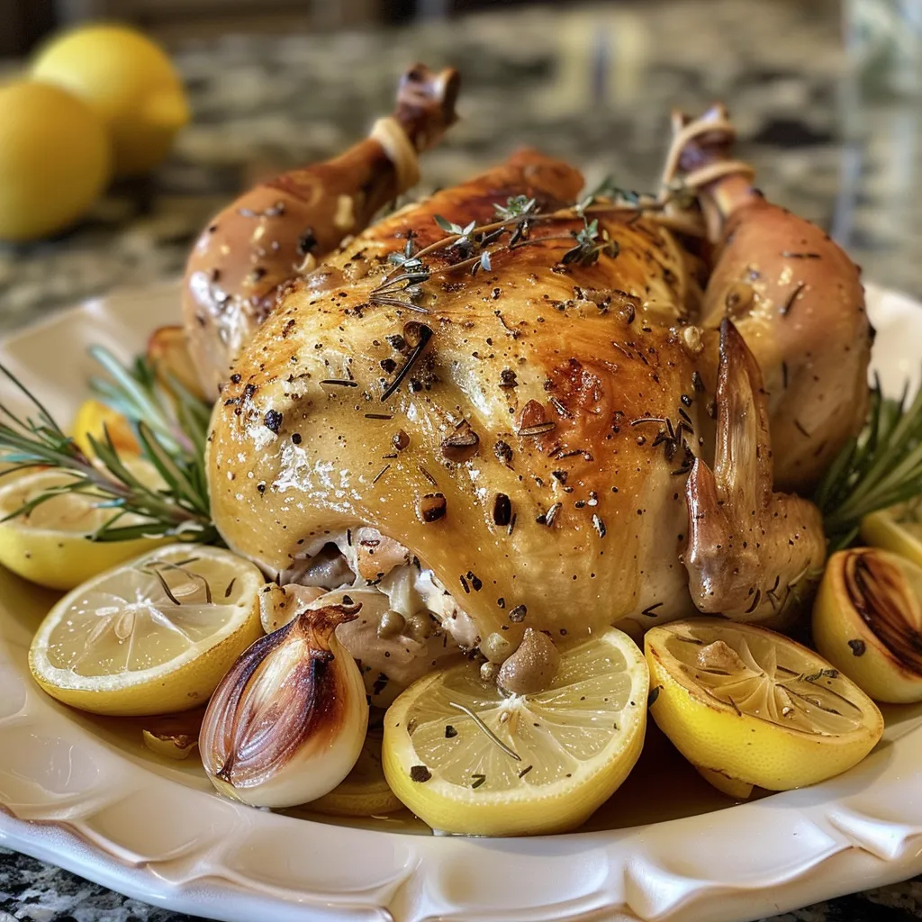 Appetizing roasted chicken surrounded by lemon wedges and rosemary sprigs.