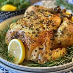 Side view of a perfectly roasted chicken with crispy skin and herbs.