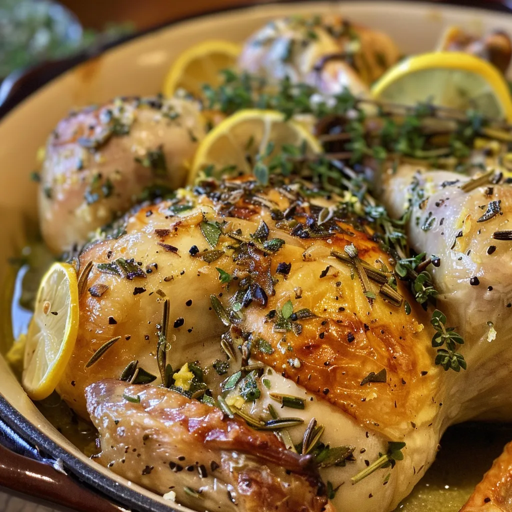 Lemon Herb Roasted Chicken on a plate with herbs and lemon zest.