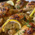 Succulent roast chicken thighs with lemon wedges and spices, vibrant colors.