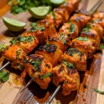 Textured photo of vibrant chicken skewers, showcasing a glaze of barbecue sauce.