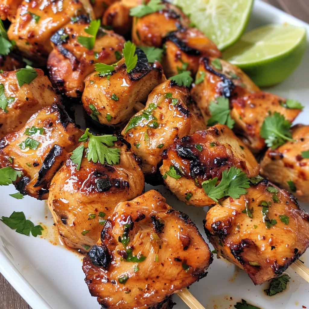 Appetizing chicken pieces on skewers, presented with lime and cilantro on a rustic background.