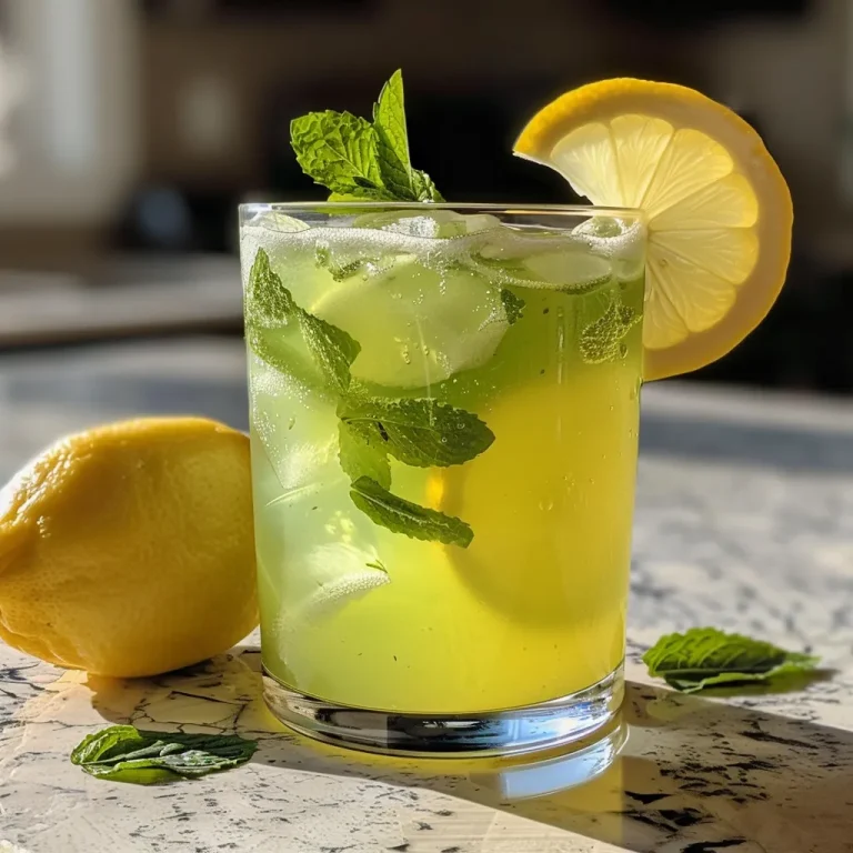 A glass of mint lemonade with condensation, showcasing lemon slices and mint sprigs.