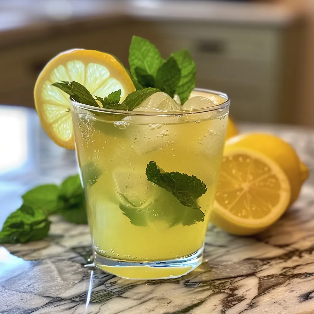 Side angle of a vibrant mint lemonade in a clear glass, surrounded by ingredients.