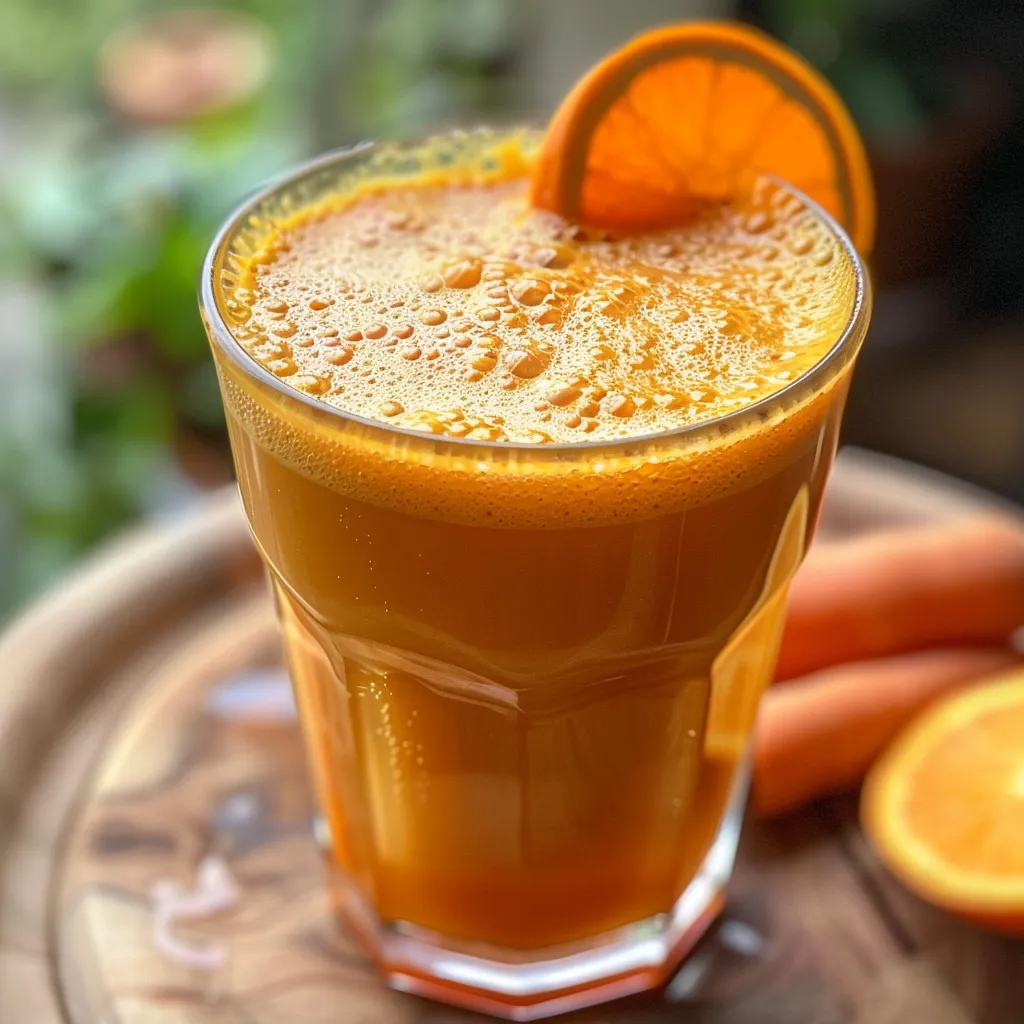 Bright orange carrot ginger juice in a glass, with pieces of ginger and carrots nearby for context.