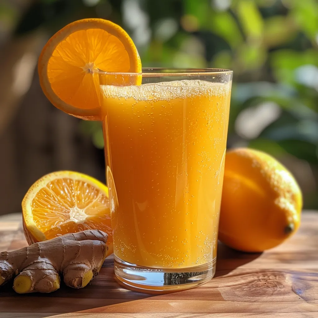 Juicy orange ginger juice displayed in a glass, highlighting its golden-orange color.