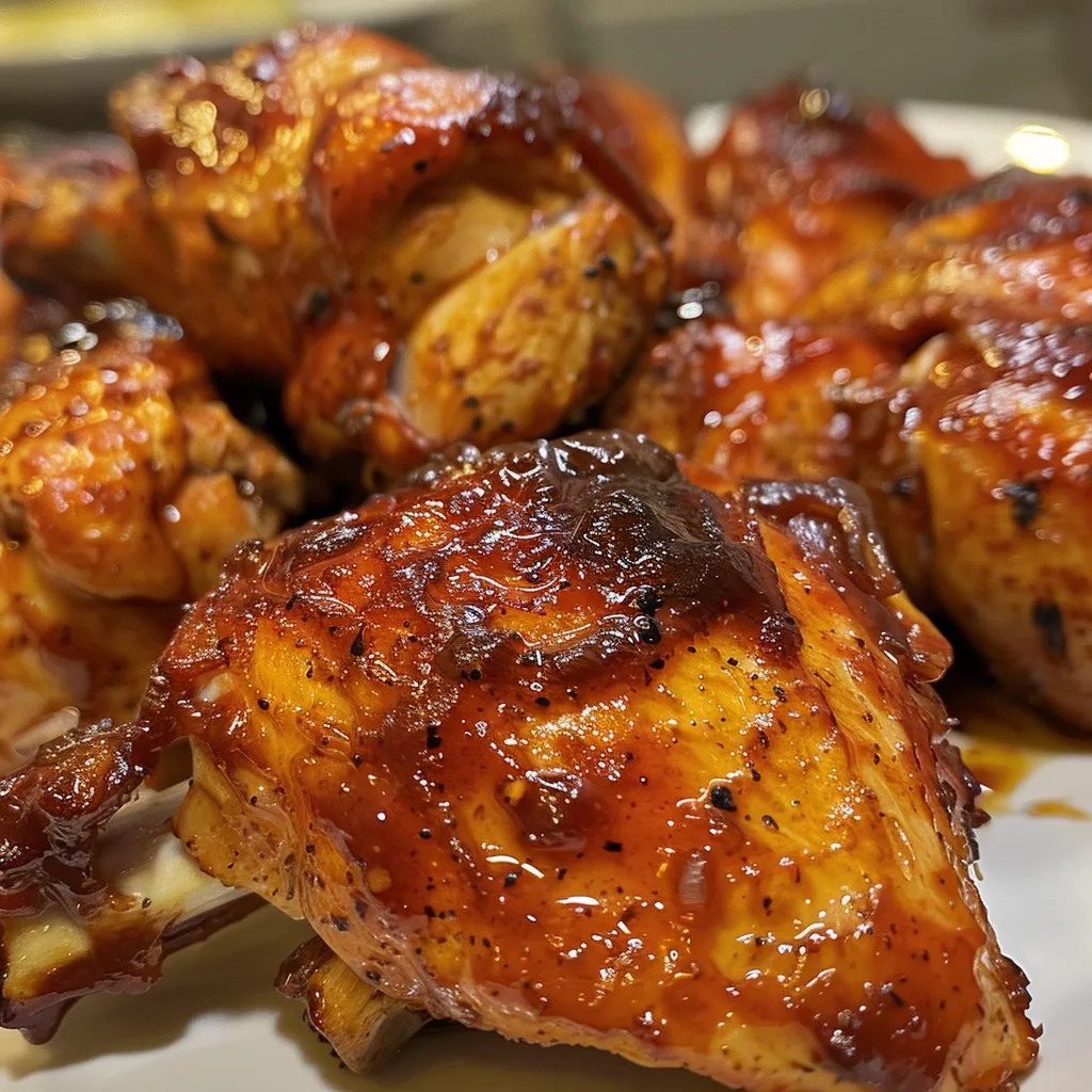 Tender chicken thighs coated in rich BBQ sauce ready to eat.