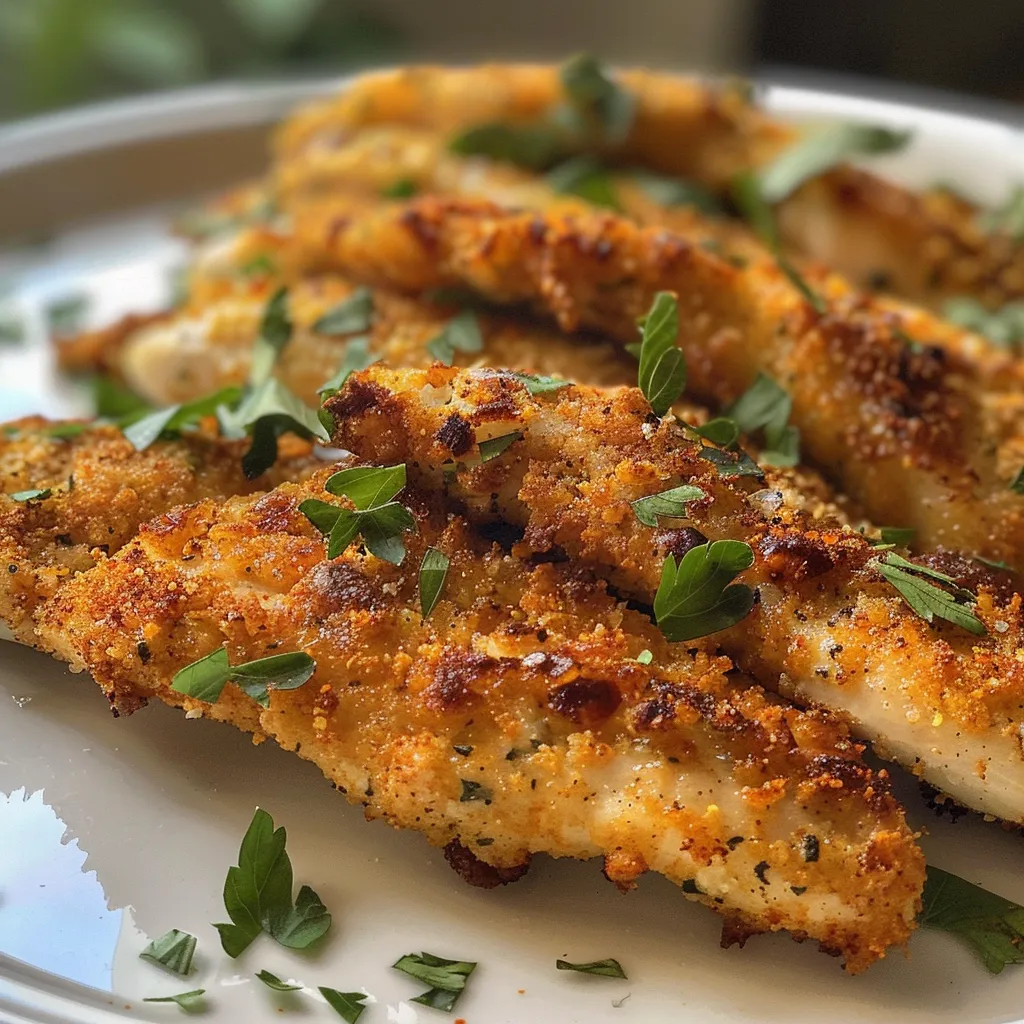 Delicious, glistening chicken tenders arranged neatly with a hint of herbs.