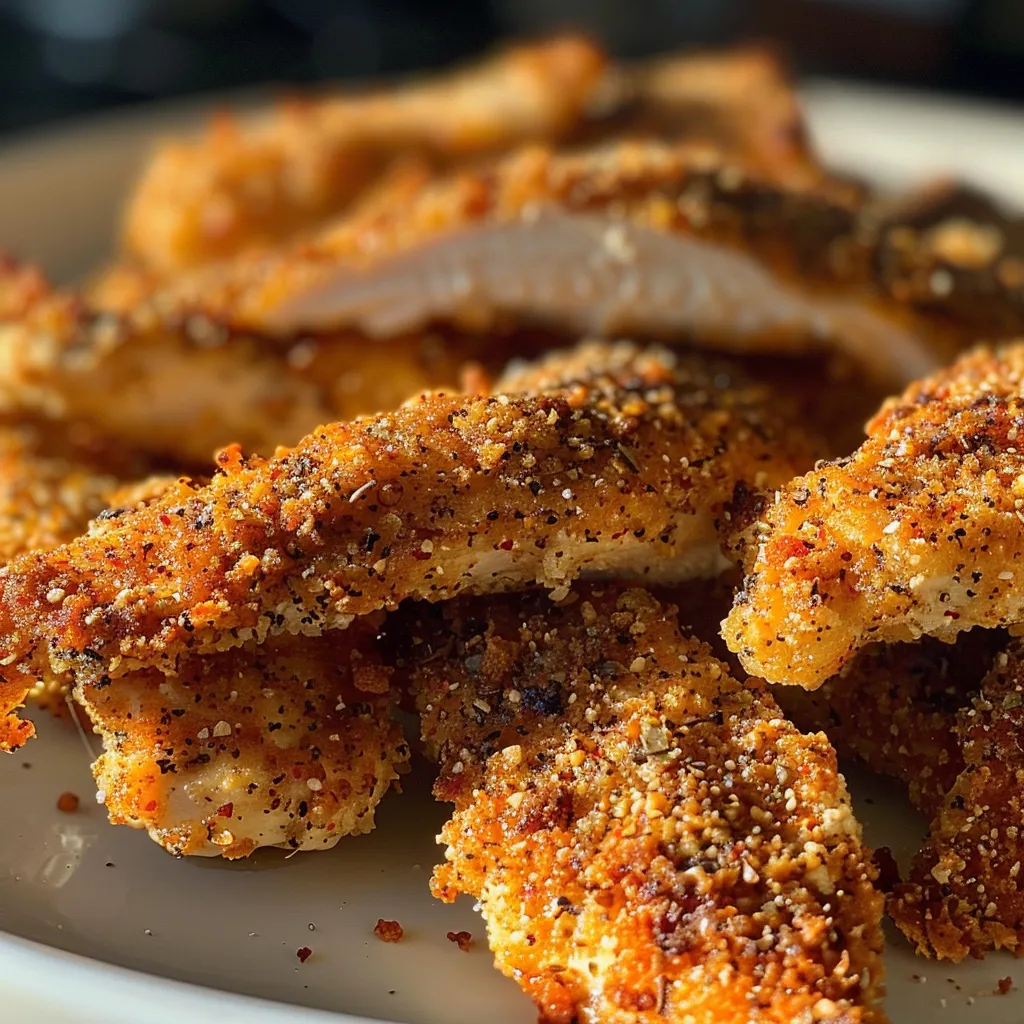 Freshly baked chicken tenders arranged neatly on a wooden table.