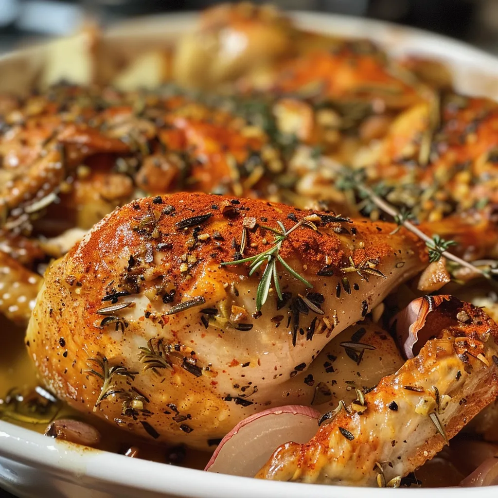Deliciously seasoned chicken with a paprika herb crust, showcasing its juicy texture.