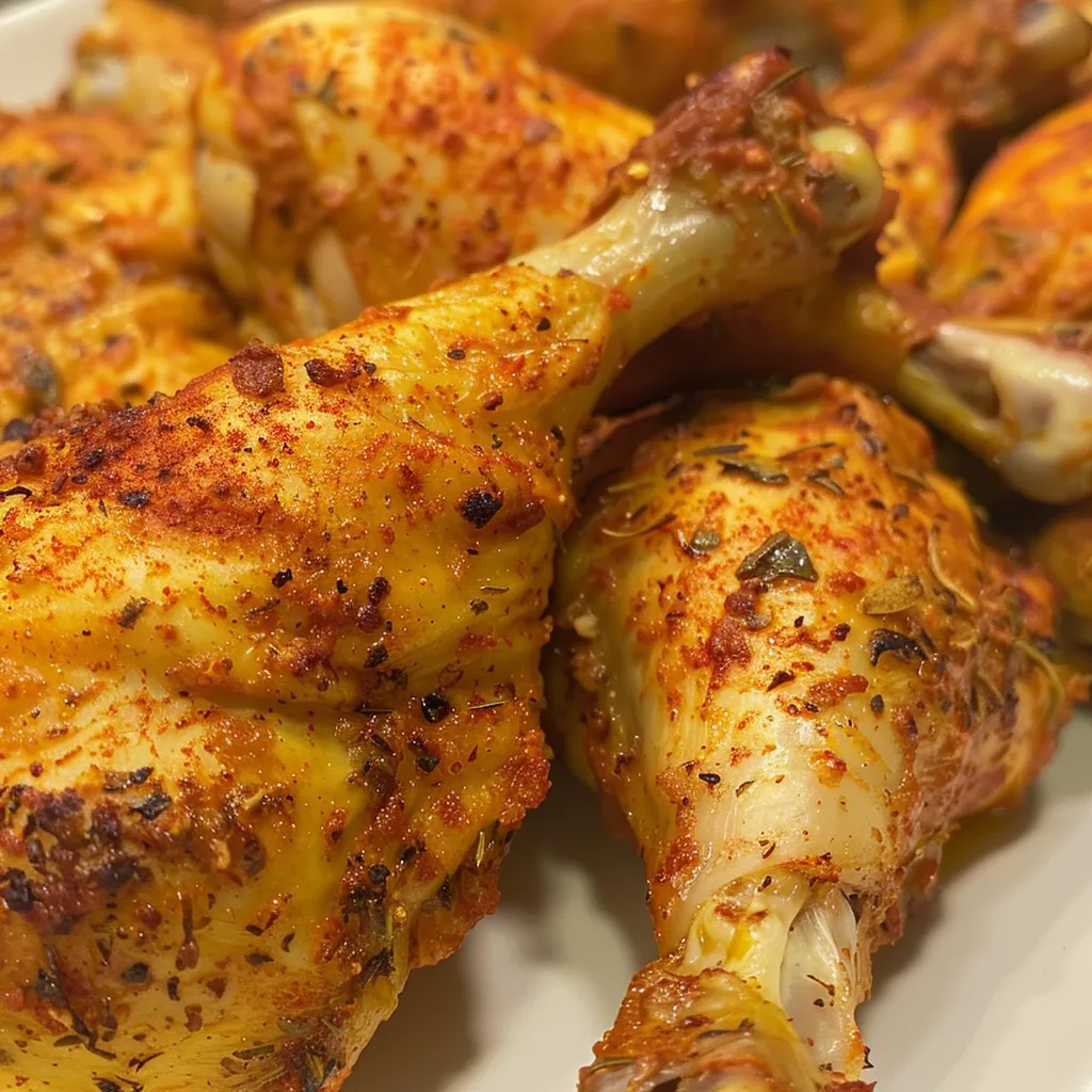 An appetizing presentation of chicken quarters garnished with spices.