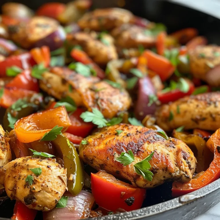 Detailed view of a skillet filled with cooked chicken and vegetables, with fresh parsley sprinkled on top for garnish.