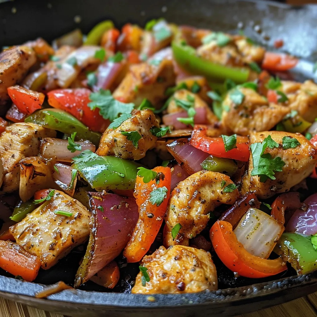Juicy chicken and mixed vegetables in a skillet, featuring a medley of colors including red and green bell peppers.