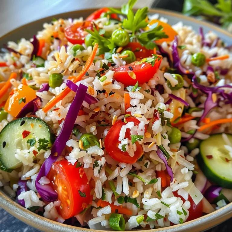 Vibrant rice salad showcasing cherry tomatoes, cucumbers, and purple cabbage.