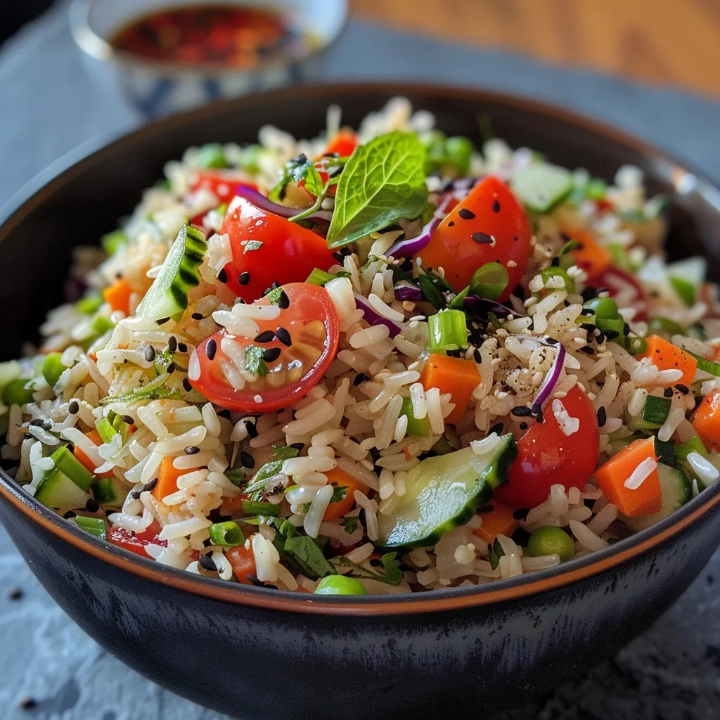 Detailed shot of a mixed rice salad with arugula and a creamy dressing.