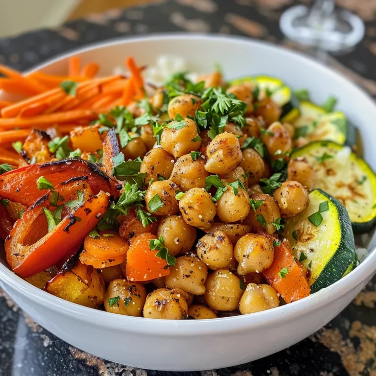 A side perspective of a wholesome bowl filled with roasted chickpeas and assorted vegetables.