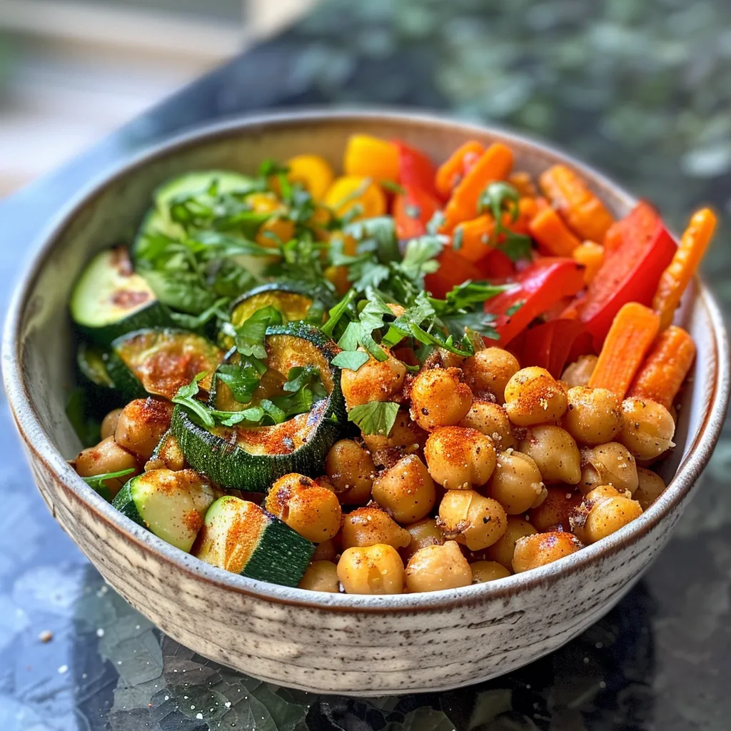 Juicy roasted chickpea and veggie bowl garnished with fresh parsley.