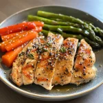 Side view of a delicious steamed chicken and vegetable dish, showcasing tender chicken and bright veggies.