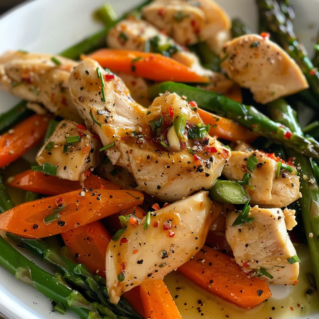 A healthy meal featuring boneless chicken and assorted vegetables, captured in vibrant detail.