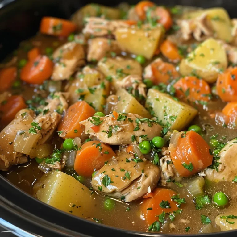 Juicy Slow Cooker Chicken Stew presented in a rustic bowl, highlighting the vibrant vegetables and herbs.