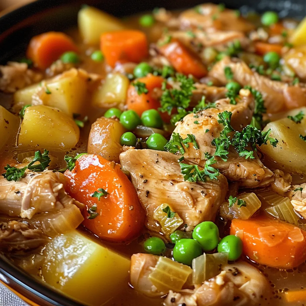 A delicious-looking Slow Cooker Chicken Stew, focused on the tender pieces of chicken and colorful carrot slices.