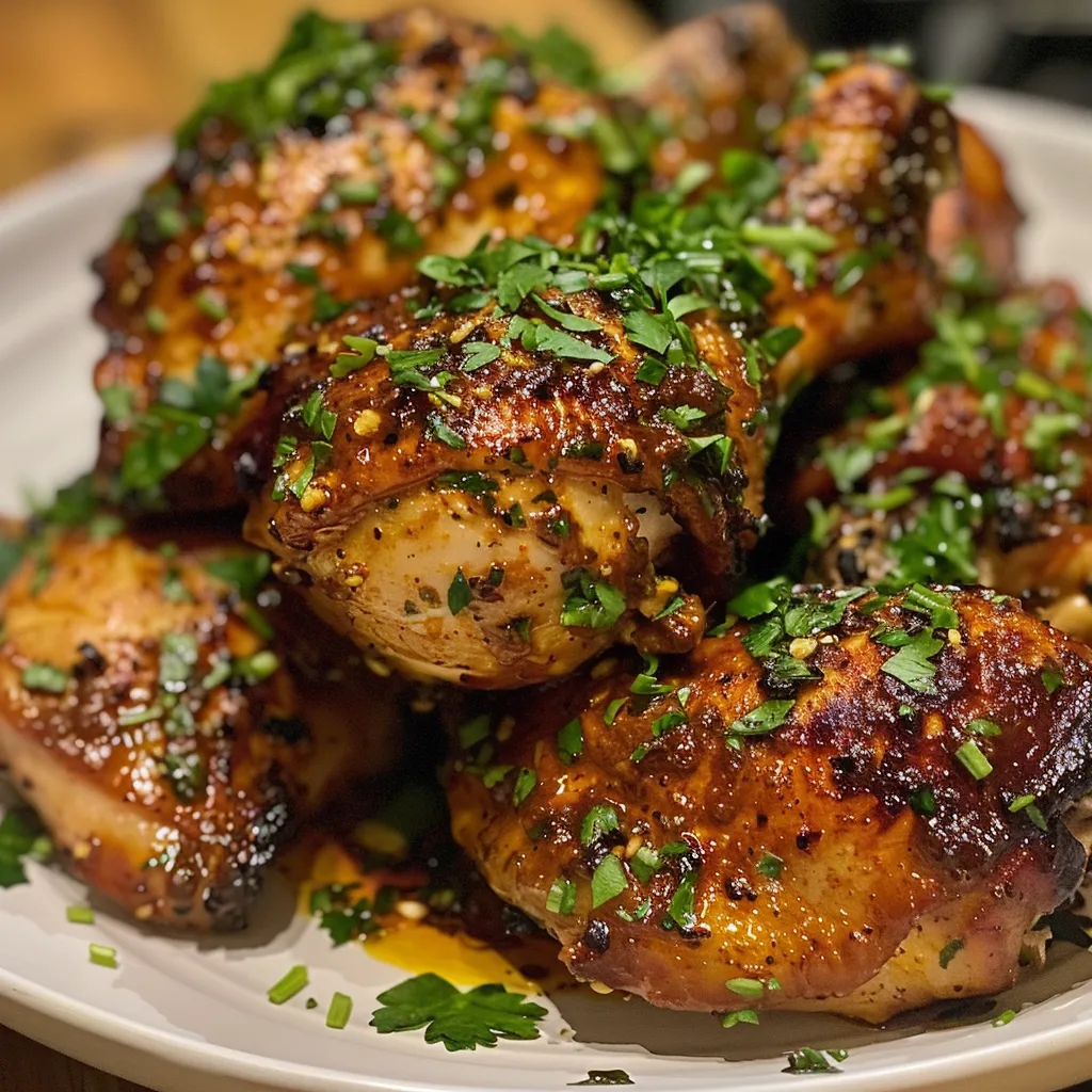 Detailed view of cooked chicken with a vibrant reddish-brown color and herbs.